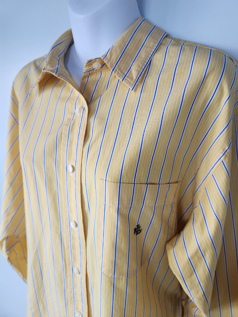 Vintage LAUREN Ralph Lauren Women's Yellow Striped Button Down Cotton Shirt